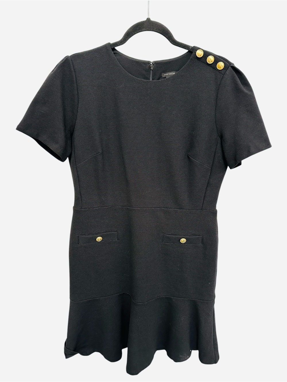 Ann Taylor black short sleeve flounce mini dress gold tone buttons Size 10